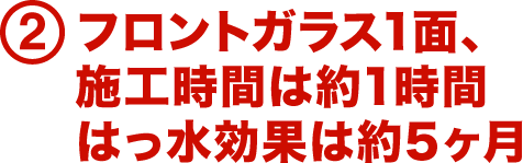 2.フロントガラス1面、施工時間は約1時間 はっ水効果は約5ヶ月